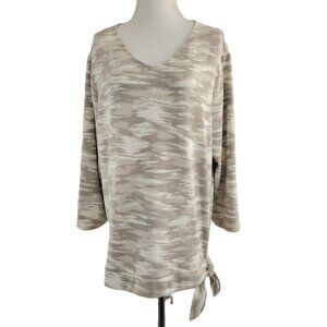 Chicos Weekend V-Neck Soft Knit Top Tie-Waist Size XL Tan Camo Print 3/4-Sleeve